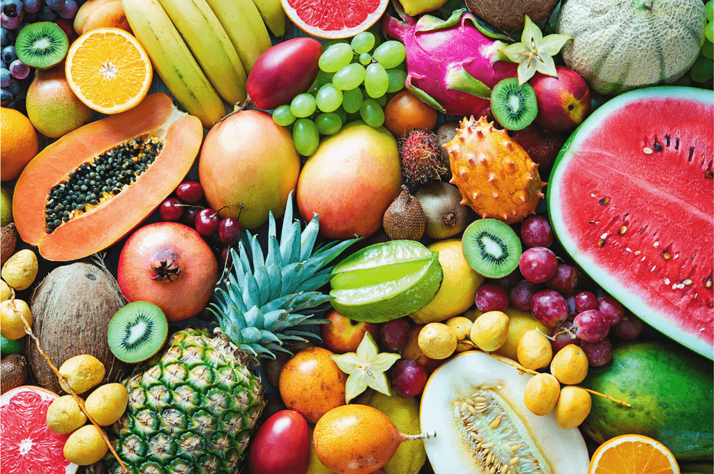 fruit is high in fiber and good for weight loss. various fruits, pineapple, watermelon, mangoes, papaya, bananas, oranges, kiwi fruit