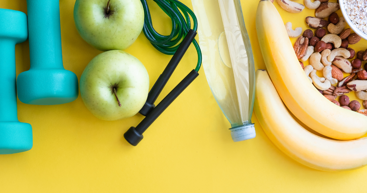 healthy food and dumbbells, jump rope